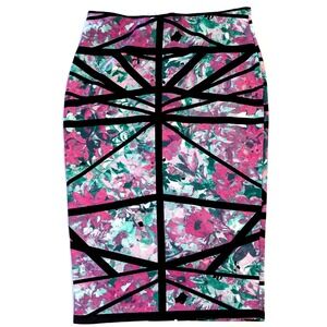 Bisou Bisou Michele Bohbot Floral Geometric Cage Pencil Skirt Pink Teal Large